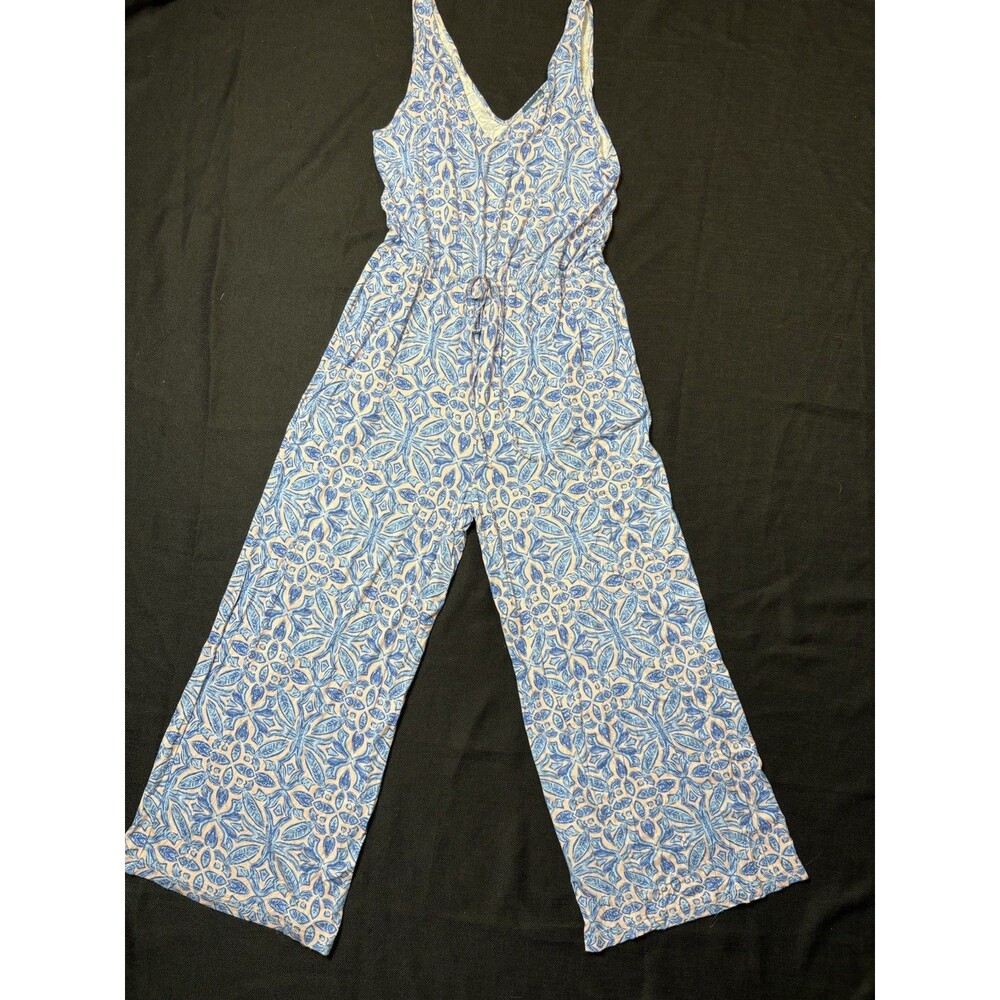 Caribbean Joe Women’s M Blue/Pink Floral V-Neck Sleeveless Wide-Leg Jumpsuit
